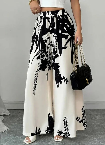 Black white floral pants