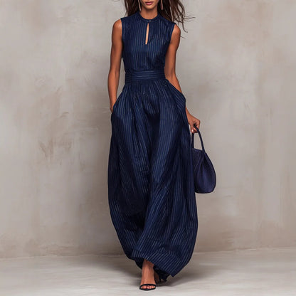 Sleeveless pinstripe wide leg jumpsuit