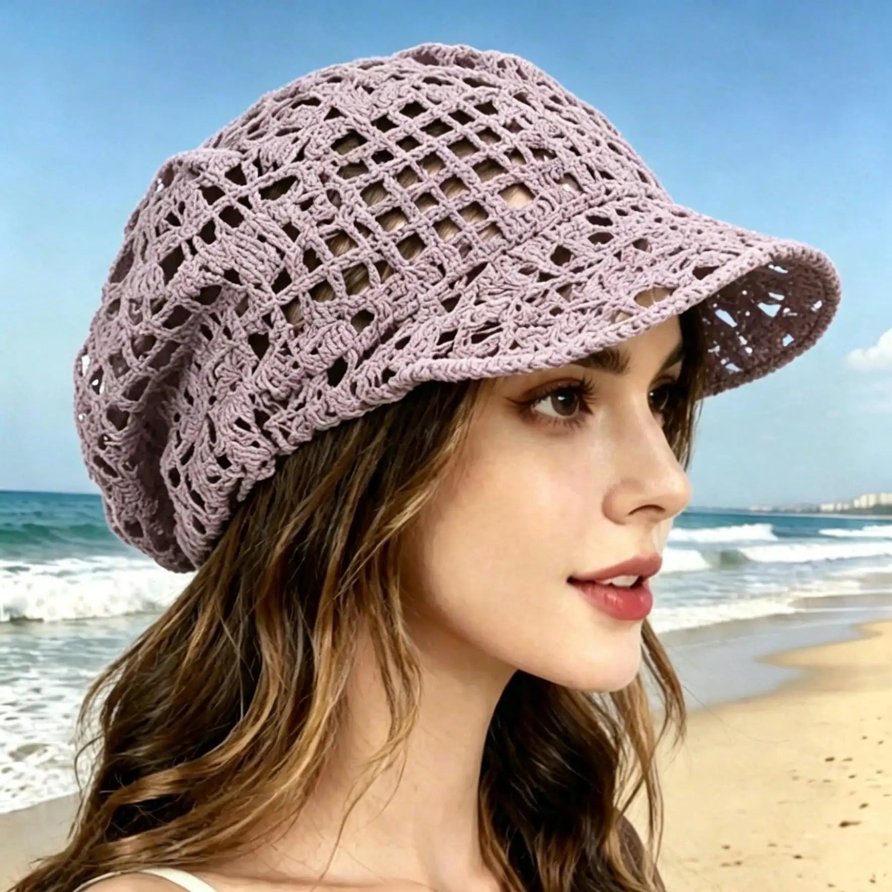 Open weave crochet visor hat