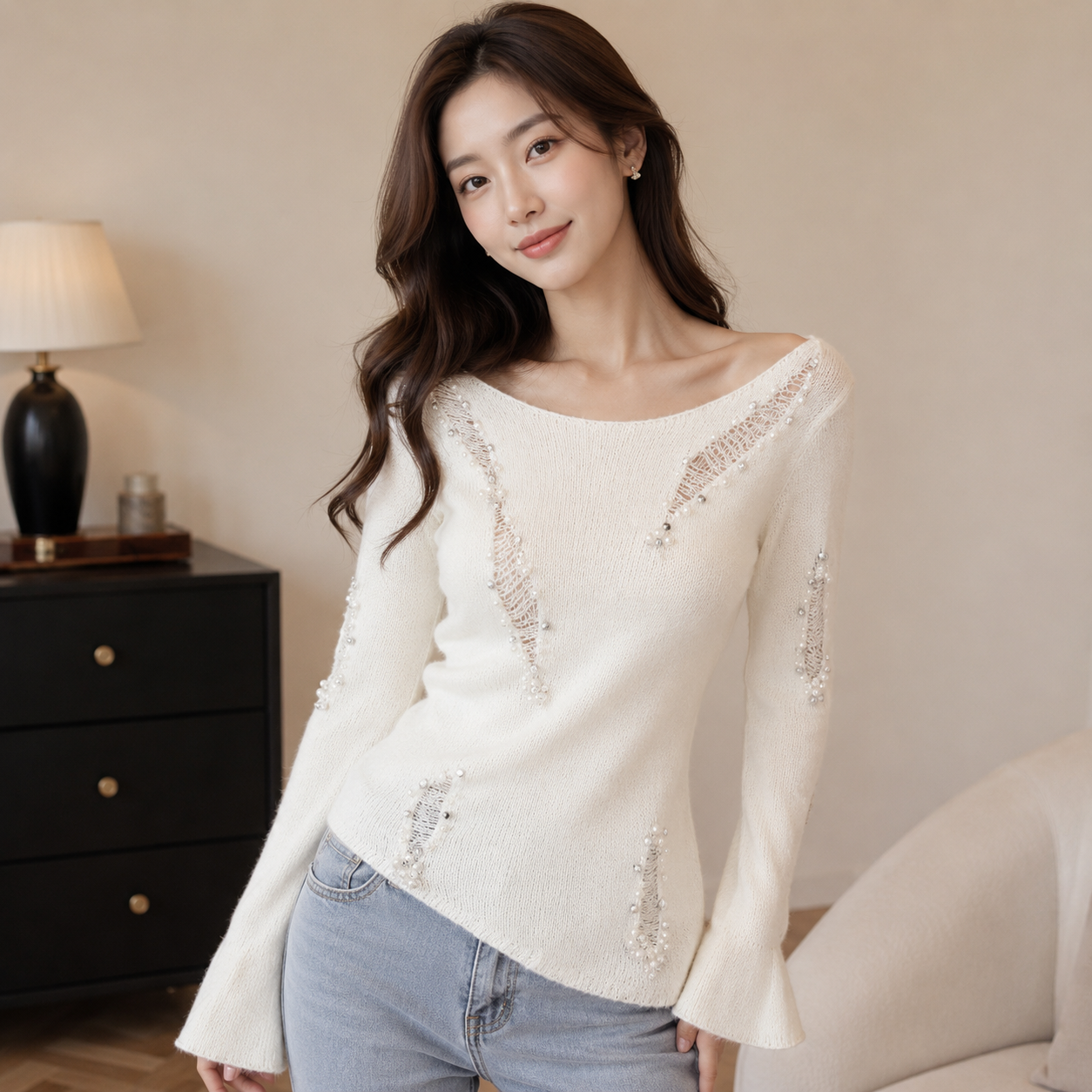 Pearl embellished knit top
