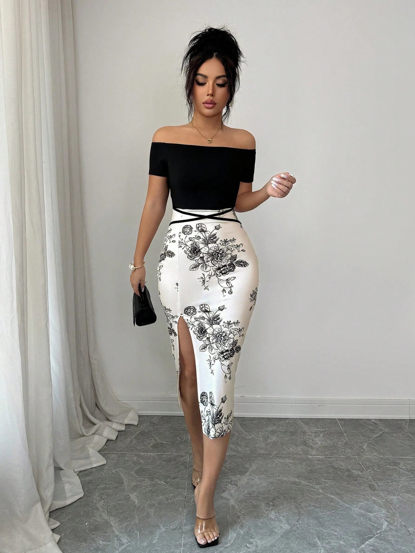 Floral high slit skirt