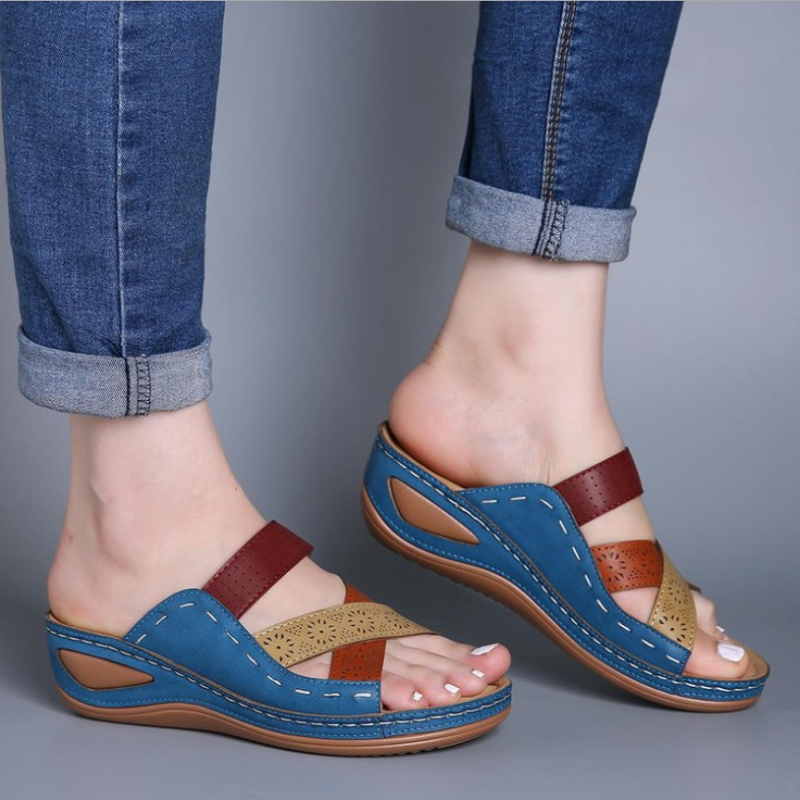 Blue cutout wedge sandals