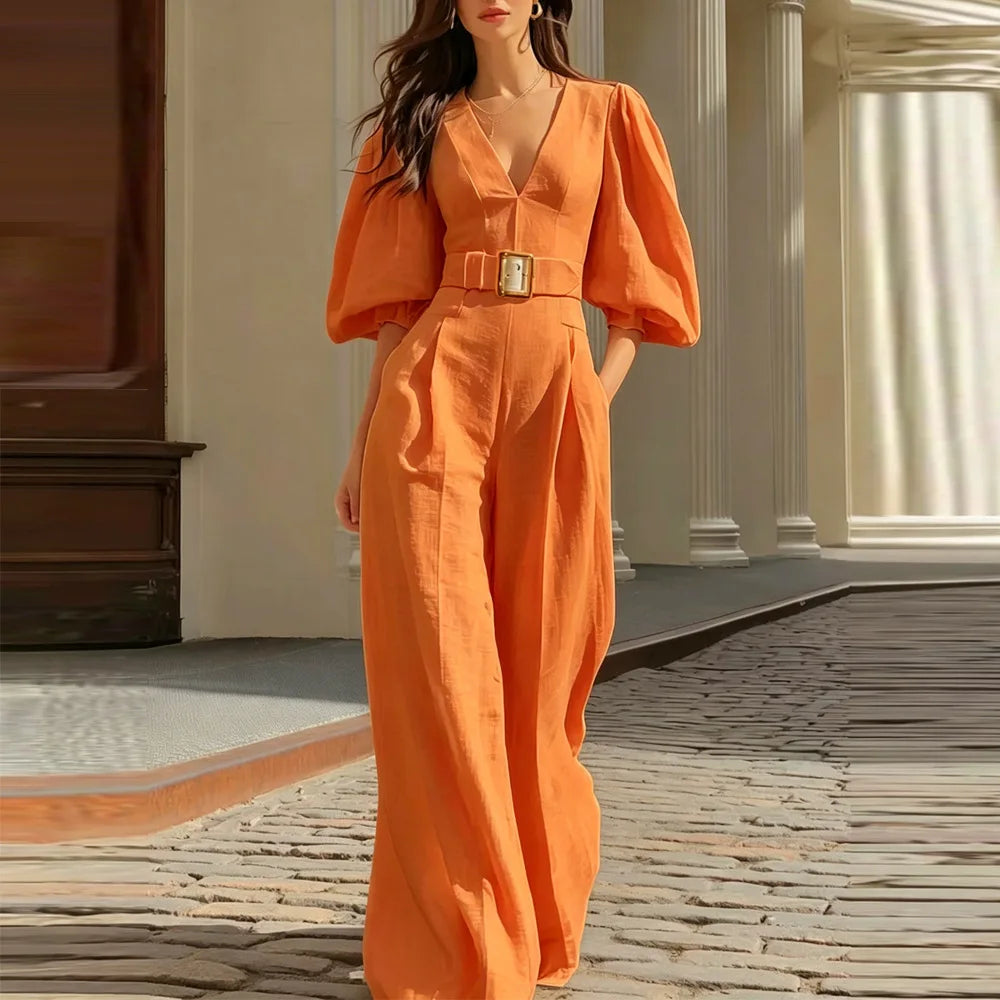 Elegant puff sleeve women's jumpsuit