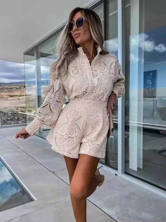White lace long sleeve romper outfit