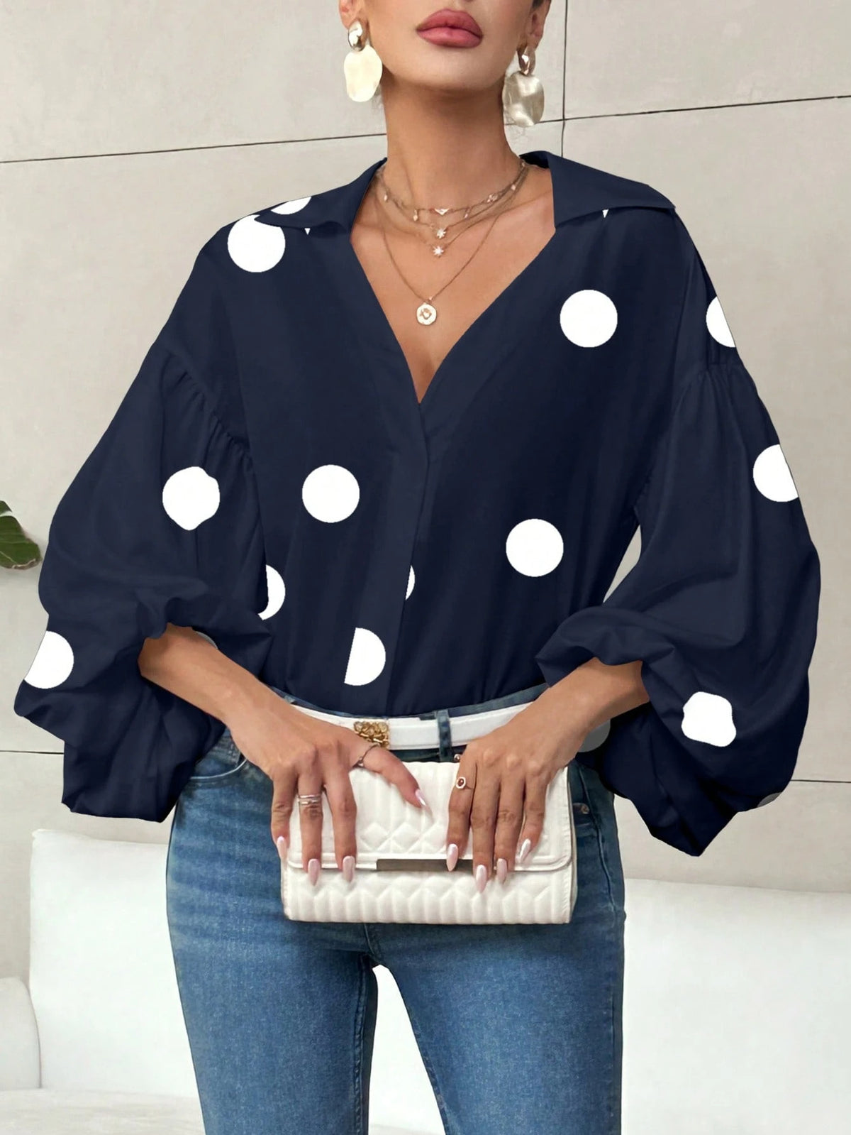 Navy white polka blouse