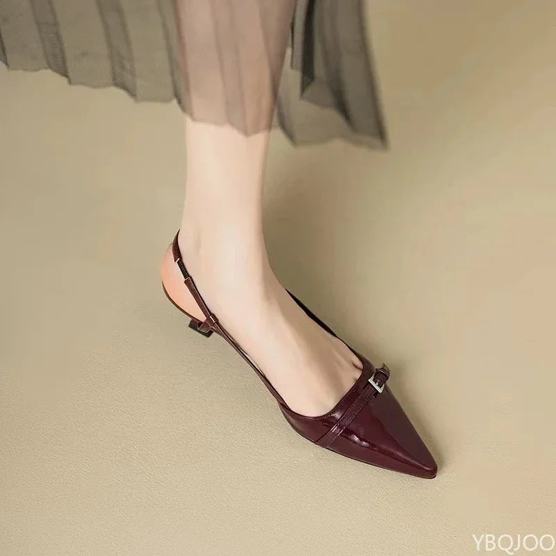 Pointed Toe Slingback Heels: Low Heel Glossy Dress Shoes with Buckle Strap