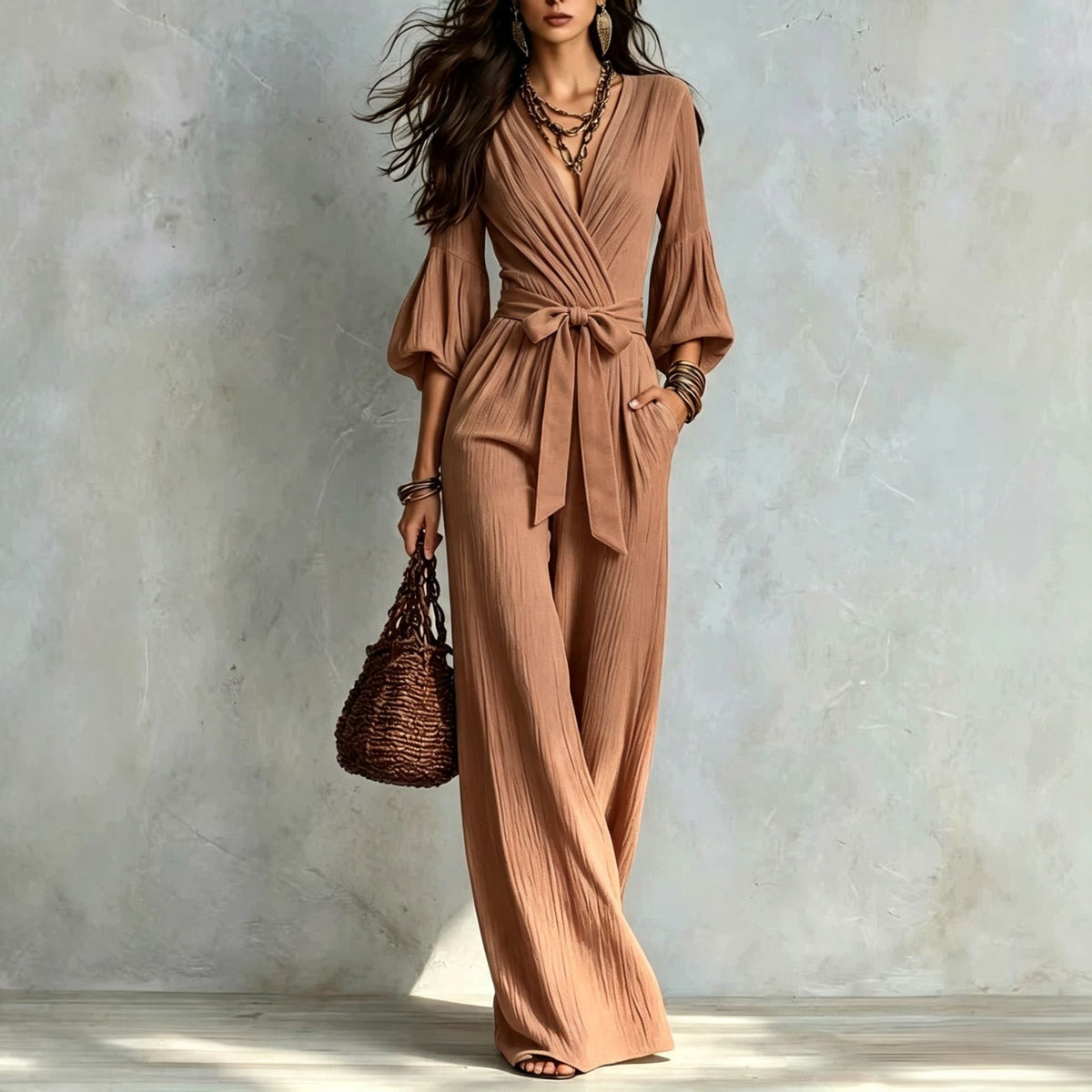 Camel brown wide leg jumpsuit
