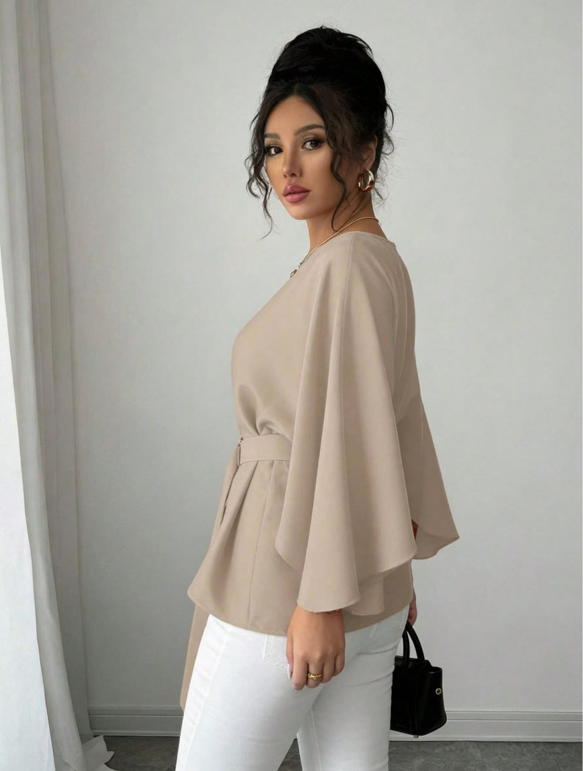 Beige belted bell sleeve blouse