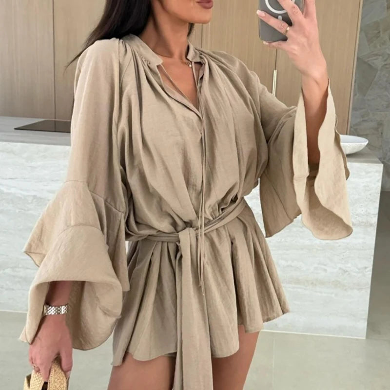 Ruffle Sleeve Mini Dress : Deep V-Neck Loose Dress