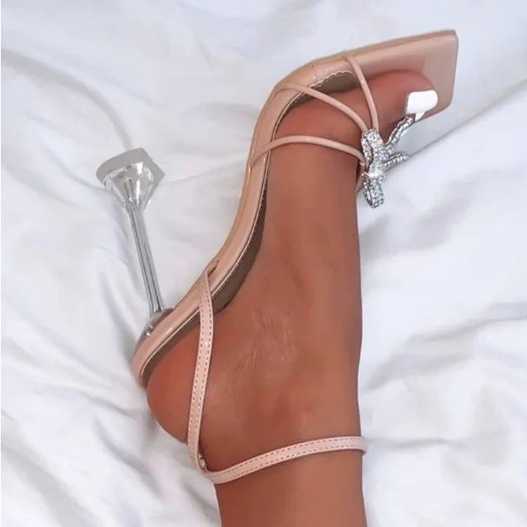Sparkling bow ankle strap heels