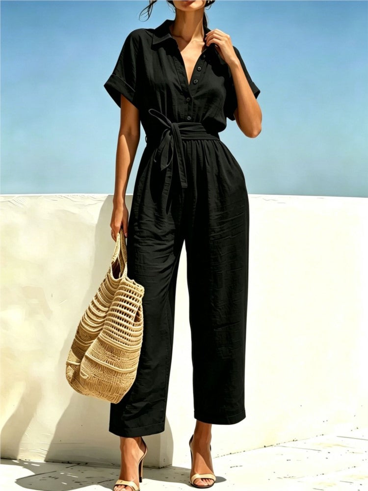 Side pocket shirt jumpsuit