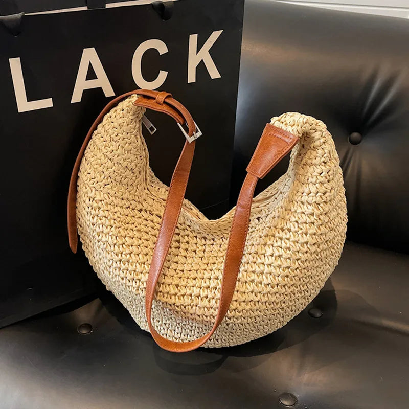 Crochet straw hobo bag
