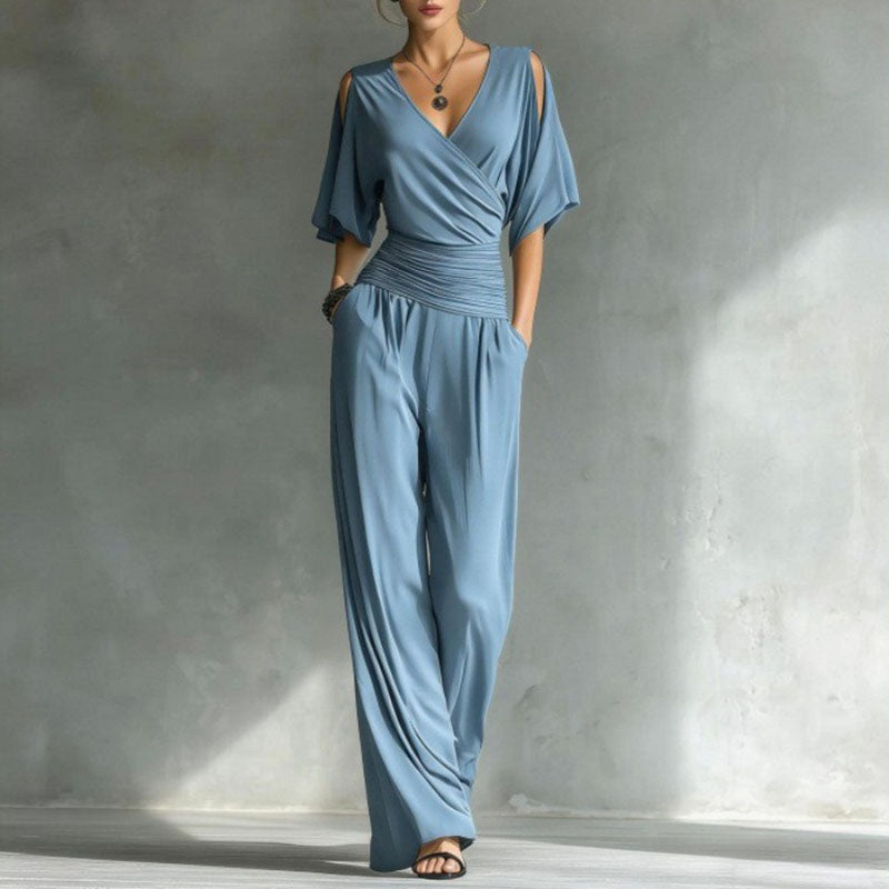 Blue wrap wide leg jumpsuit
