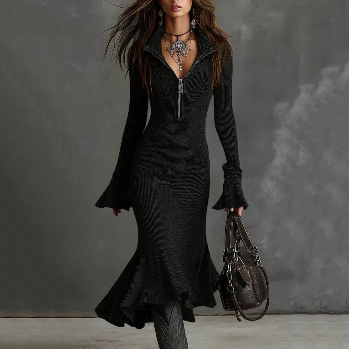 Ribbed knit mermaid maxi dress