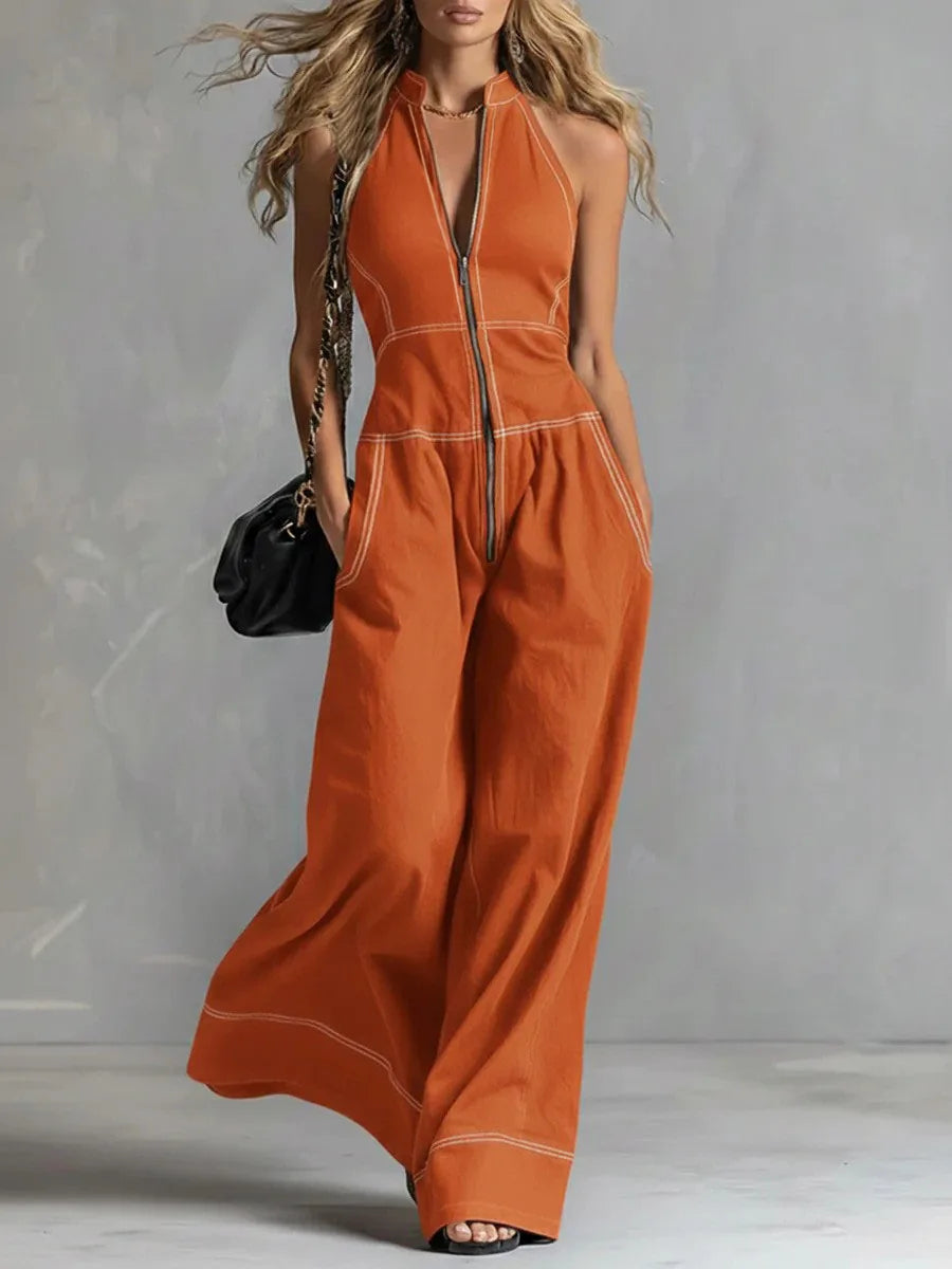 Sleeveless zip front jumpsuit