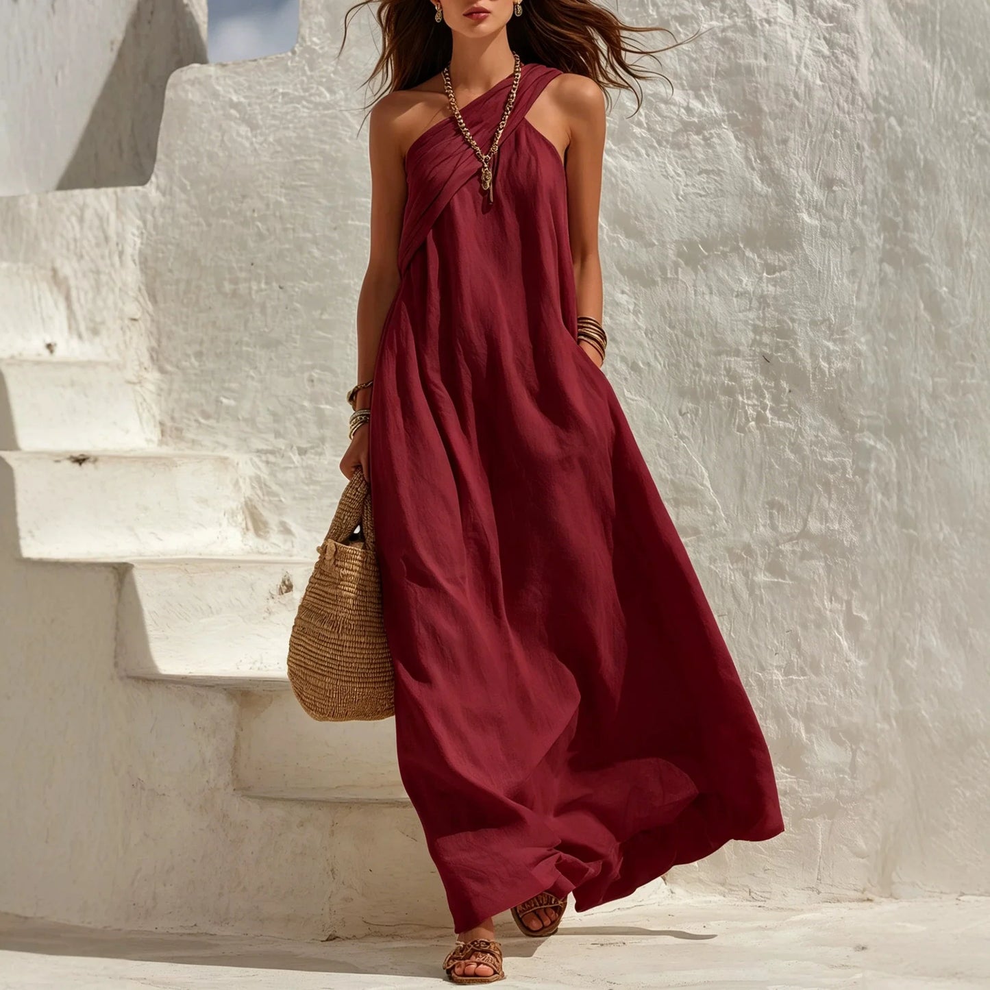 Sleeveless flowing burgundy dress