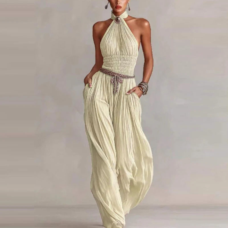 Sleeveless halter jumpsuit outfit