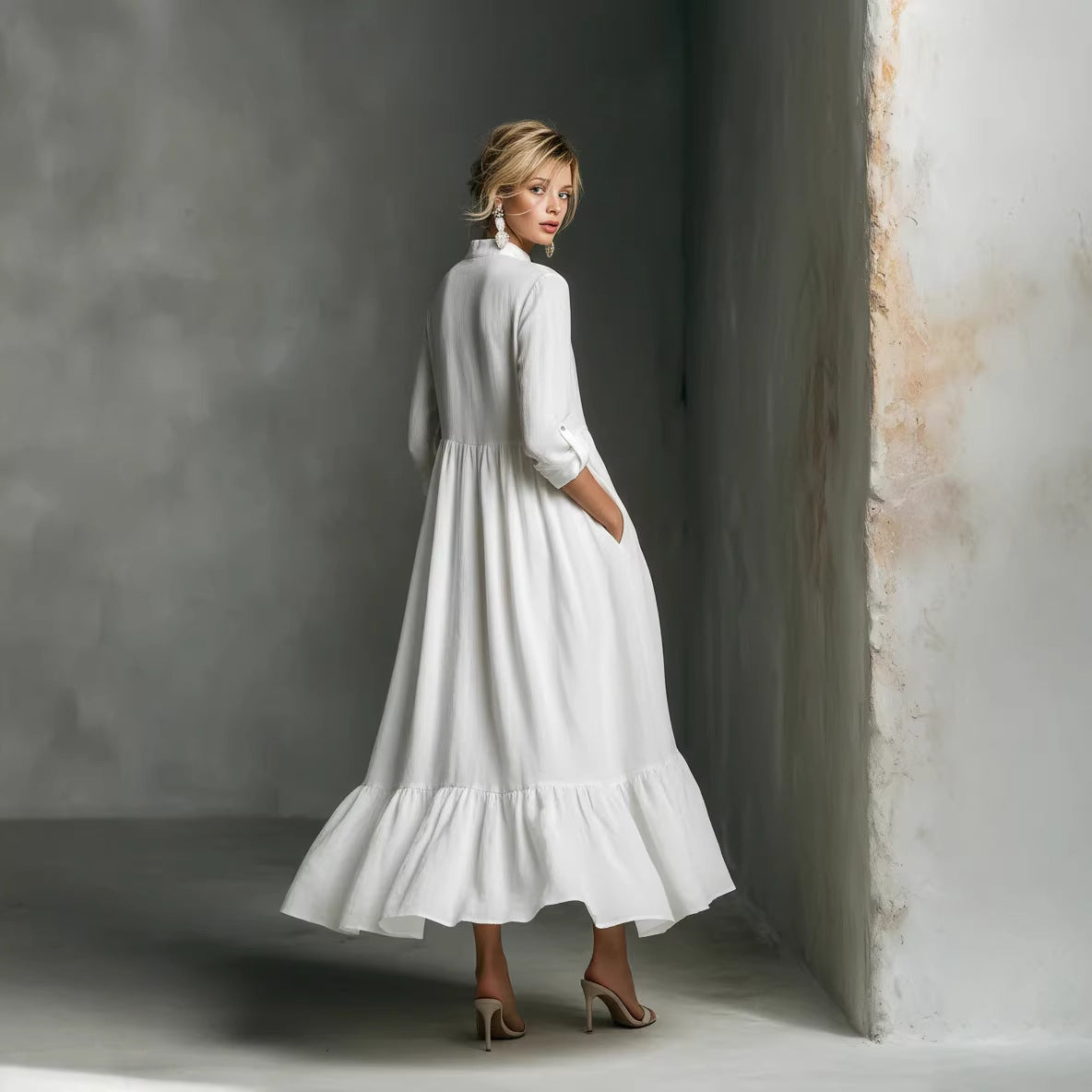 long sleeve white linen dress