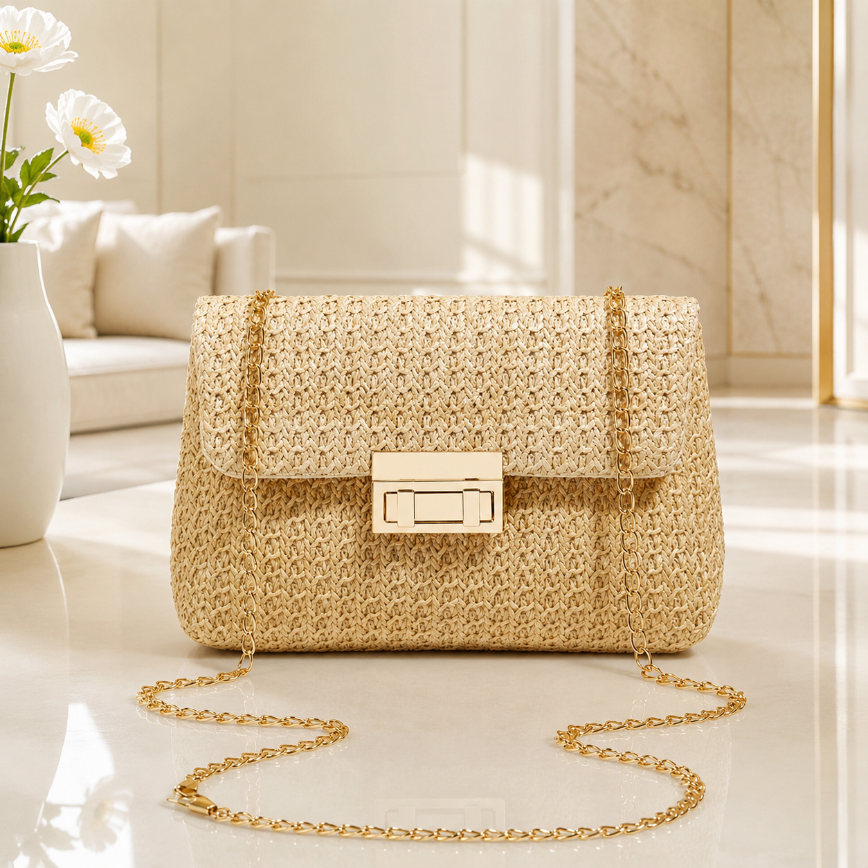 Gold chain straw handbag