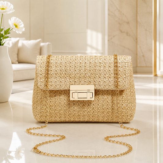 Gold chain straw handbag