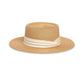 Flat crown straw hat with white ribbon