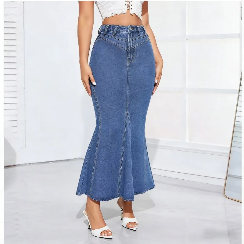 Blue denim mermaid maxi skirt