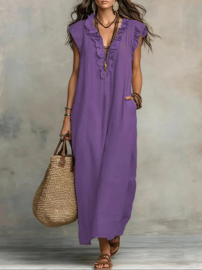Ruffle V Neck Long Dress