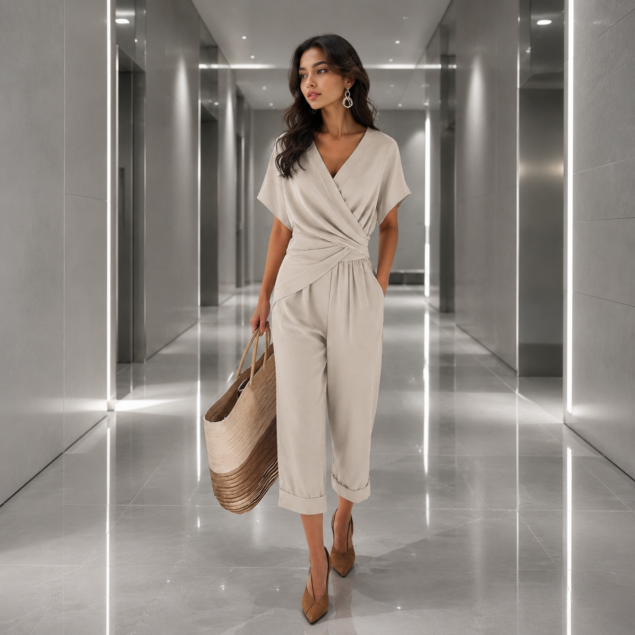 Lightweight V neck romper outfit