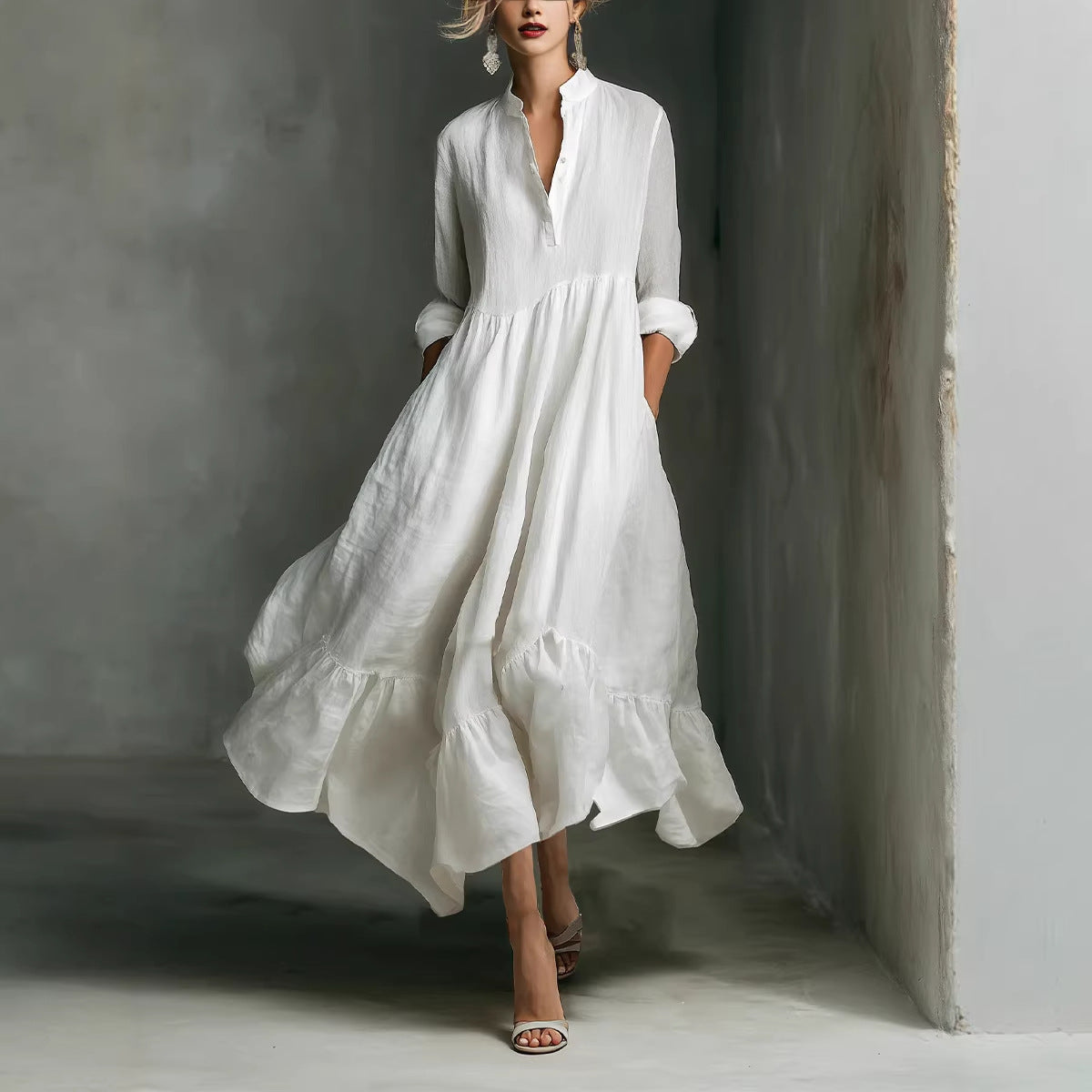 boho white ruffle hem dress