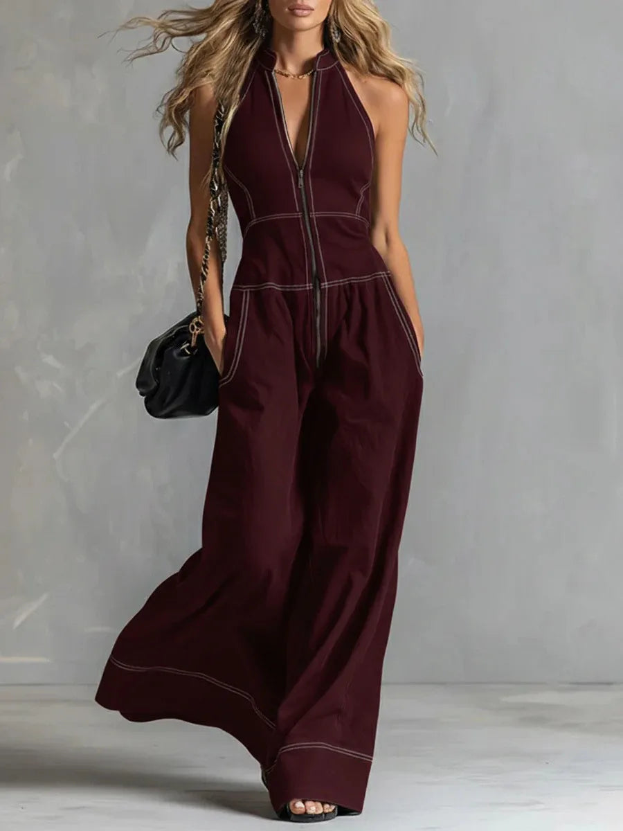 Front zipper halter jumpsuit