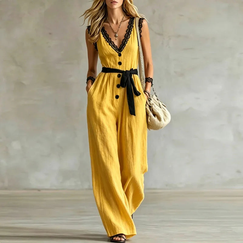 Yellow V-neck wide jumpsuit