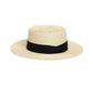Flat crown straw hat with black ribbon