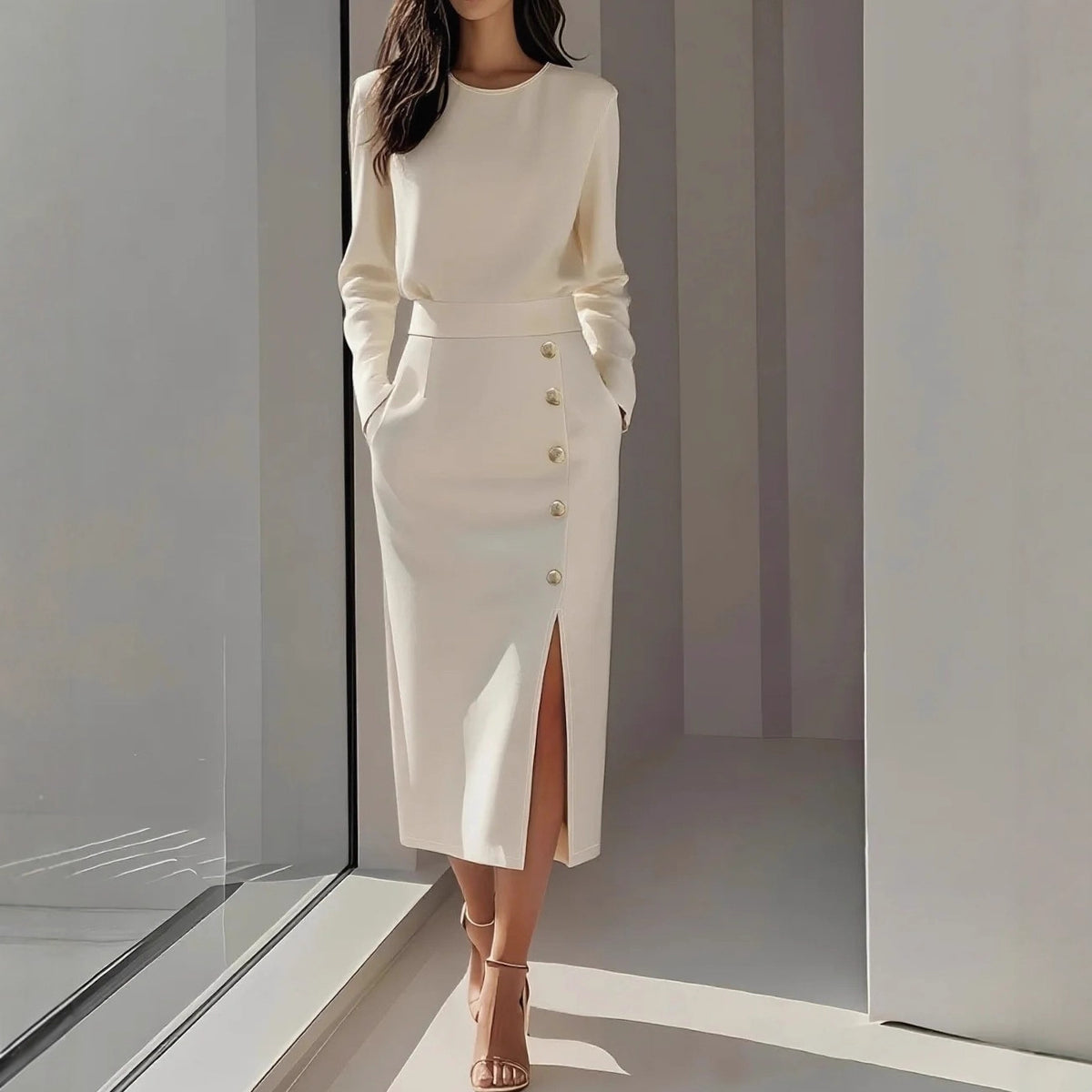 gold button accent midi dress