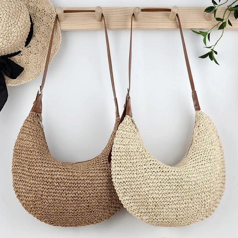 Rattan straw shoulder bag