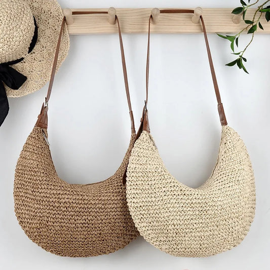 Rattan straw shoulder bag