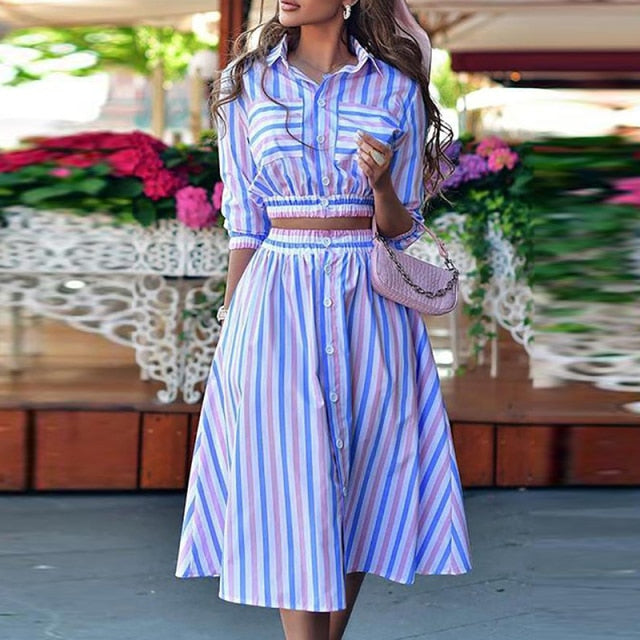 Elegant Turn-down Collar Button Blouse + Skirts Suit Autumn Fashion Striped Print Two Piece Sets Casual 3/4 Sleeve Women Outfits