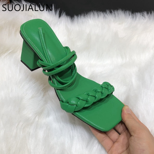 SUOJIALUN New Fashion Women Weave Sandals Square High Heel Lace Up Gladiator Shoes Narrow Band Back Strap Sandal Zapatos Mujer