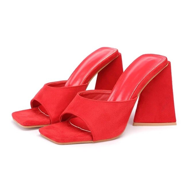 Triangle thick mules high heels slippers  flip flops square toe