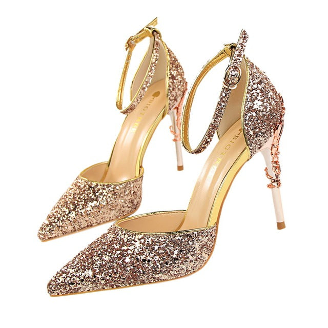 Gold Silver High Heels Pumps Women 2023 New Slip On Shiny Sequins Wedding  Shoes Woman Crystal