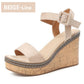 Canvas Wedge Sandals Peep Toe Buckle Shoes Woman